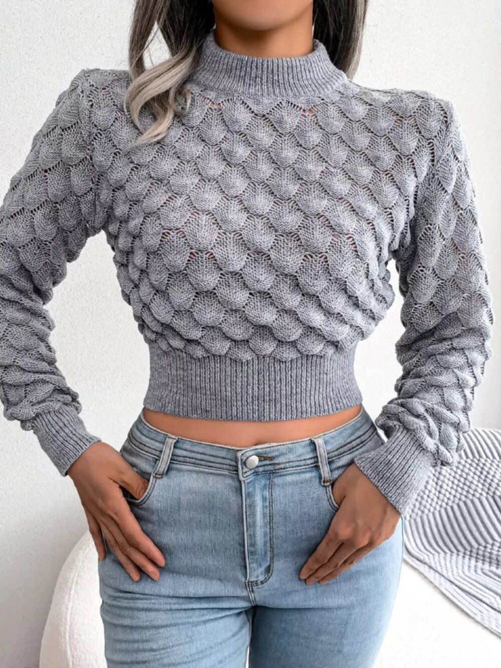 Mock Neck Textured Cropped Sweater - Picture 11 of 13
